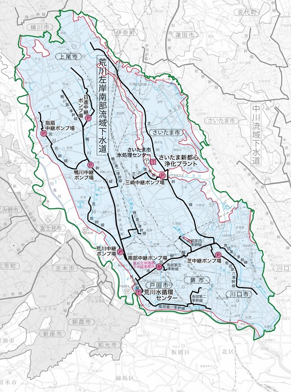 荒川左岸南部流域下水道流域の地図　さいたま市・上尾市・戸田市・蕨市・川口市を含む地図